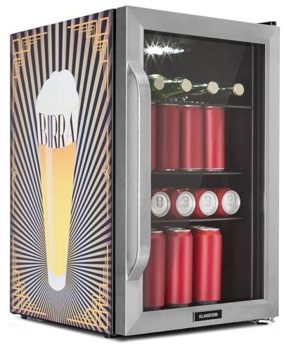 Klarstein Fridge 70L, Small Fridge with Removable Shelves, Quiet Mini Fridge with Glass Door & LED, Small Drinks Fridge, Suitable for Outdoor use, Beer Safe for Bottles, 0-10°C