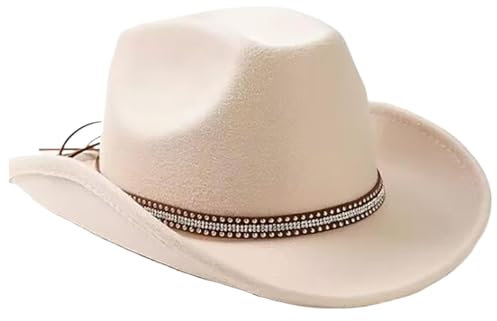 Westhut Cowgirl Hat, Weitkrempe Western Hut mit Strassgürtel, verstellbarer Cowboyhut mit Schweißband, klassische Fedora -Hüte für Männer & Frauen, Outdoor -Aktivitäten, Partys, Reisen