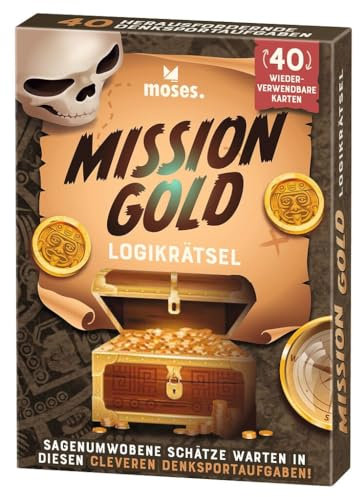 moses. Mission Gold, Logikrätsel mit Suchtfaktor für unterwegs, 40 Wiederverwendbare Karten mit Wegwischstift, Denksportaufgaben in 3 Schwierigkeitsstufen für Jugendliche und Erwachsene