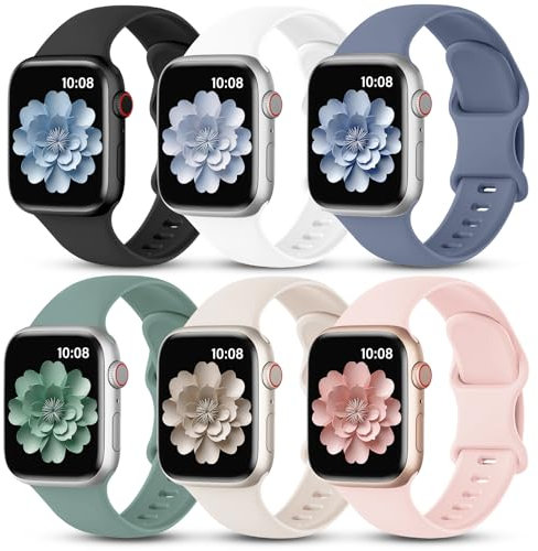 6 Pack Straps Compatible with Apple Watch Strap 38mm 40mm 41mm 42mm 44mm 45mm 46mm 49mm, Soft Silicone Sport Band for iWatch Strap Series 11 10 9 8 7 6 5 4 SE Ultra 3 2 4 Women Men