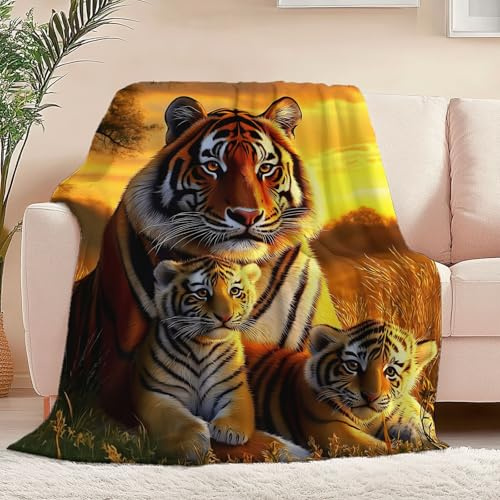 Kuscheldecke weich gemütlich Fleece-Flanell Decke Natur Tier Tiger für alle Jahreszeiten, Sofa Couch Raumdekoration für Erwachsene Flanell Fleecedecke 200 x 220 cm, Gold