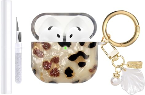 AIIEKZ Compatibile con AirPods 4 2024, TPU morbido con motivo di cover per AirPods 4a generazione, custodia con portachiavi in madreperla e kit di pulizia e moschettone (leopardo)