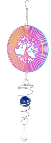 3D-Windspiel zum Aufhängen, drehbar, Metall, 15,2 cm, Windspiel, Garten, Regenbogen, Baum des Lebens, Windskulpturen, Spinner mit Kugel-Spiralschwanz für drinnen und draußen, Garten, 15 cm, Edelstahl