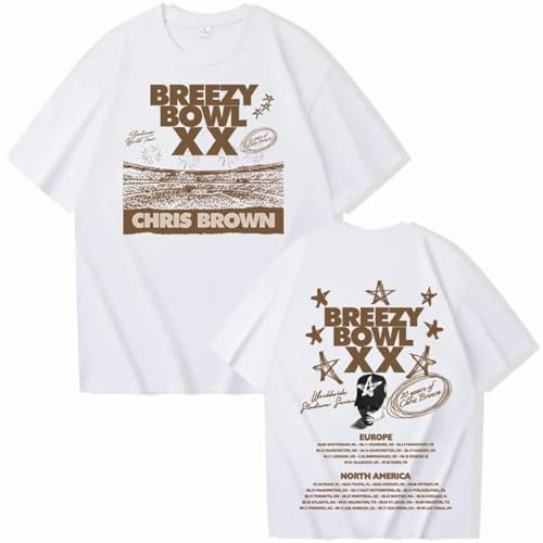 T-Shirt Chris Brown Breezy Bowl XX Tour T-Shirt Harajuku O-Neck Casual Shirt Fans Gift Fashion Casual Plus Size Top XS-3XL-White||m