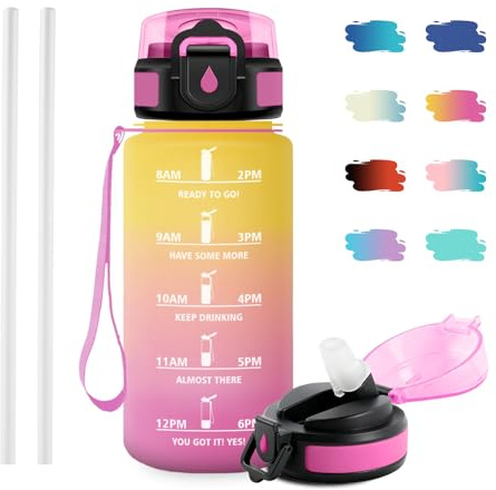 JAPORIA Botella 500ml, Botella Agua con Pajita, Reutilizable, Botellas Agua Deporte con Marca de Tiempo, Garrafa Agua sin BPA, Cantimplora para Niños, Oficina, Bicicleta, Yoga, Running, Gym, Escuela