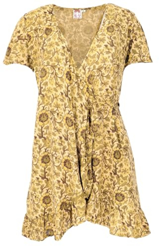 GURU SHOP Minikleid Boho Chic, Damen Wickelkleid, Blockprint Sommerkleid - Curry, Size:XL