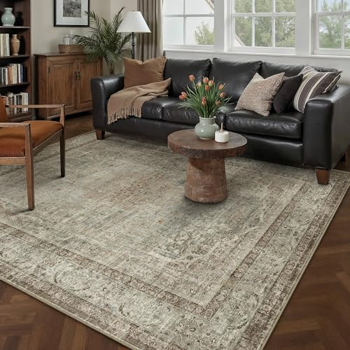 PureCozy Grün Braun Teppich Wohnzimmer 160x230cm Waschbarer Wohnzimmerteppich