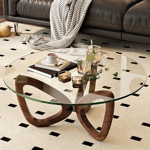 LIGUIEN Mesa de Centro Salon Redonda, Mesa de Té Moderna Y Creativa con Tapa de Cristal Templado, Patas de Madera de Fresno für Wohnzimmer, Wohnung, Büro(90cm/35.4in)
