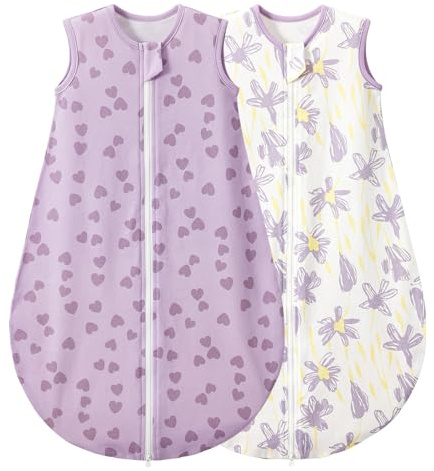 Duomiaomiao 2er Pack Baby Schlafsack,0.5 Tog Ganzjahres Jungen Schlafsack, Leichter hochwertiger Baumwoll-Mädchen Schlafsack, geeignet für Kinder im Alter Von 6 Monaten bis 5 Jahren(lila Herz/M)