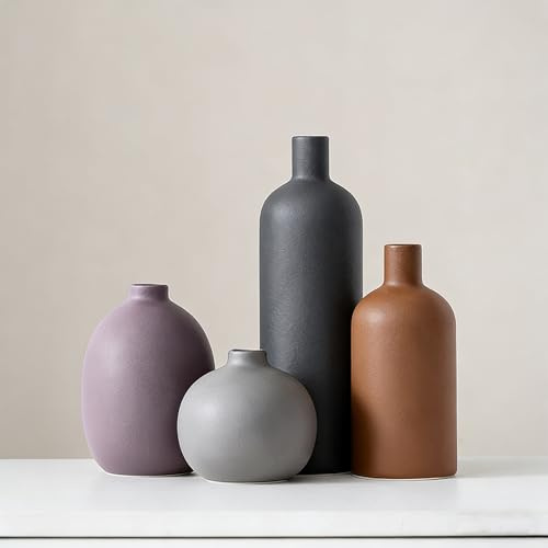 Set di 4 vasi in ceramica,boho,vasi decorativi per bouquet di erba della pampa,fiori freschi essiccati,per soggiorno,cucina,camera da letto,bagno,ingresso e mensola del camino (Nero Viola Marrone)