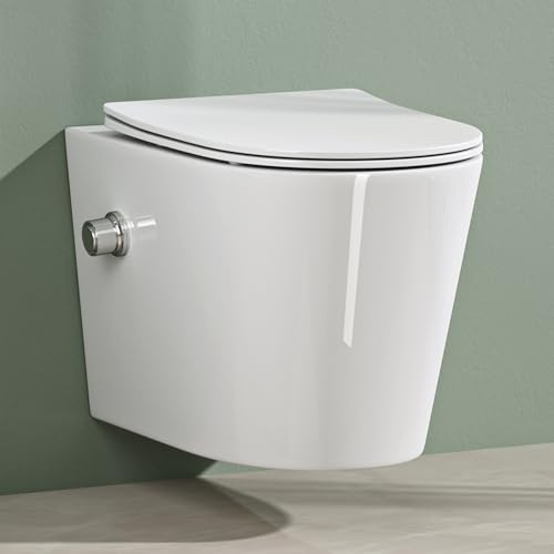 Mai & Mai Hänge WC Toilette Wand-WC mit Bidet-Funktion Spülrandlos Weiß aus Keramik Wandmontage mit Absenkautomatik Aachen601