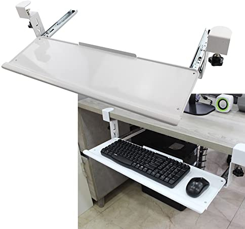 IXMLDAXD Keyboard Tray， White Black Keyboard Shelf Clamp On The Table, Pull-Out Drawer, Ergonomics Desk Extender Tray in Metal(White)