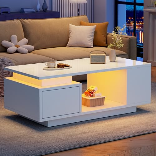 ModernLuxe High Gloss Coffee Table with Open Storage, 1 Drawer and LED Lights, Space-Saving Sofa Side Table for Living Room or Office, White, 100 x 50 x 36 cm