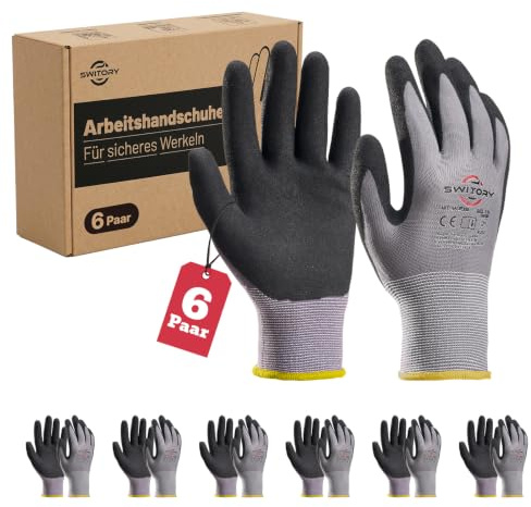 Switory 6 Paar Arbeitshandschuhe Nitril Beschichtet, Atmungsaktive Schutzhandschuhe Rutschfest, Elastische Feinstrick Handschuhe für Heimwerker, Garten (Größe 8/M)
