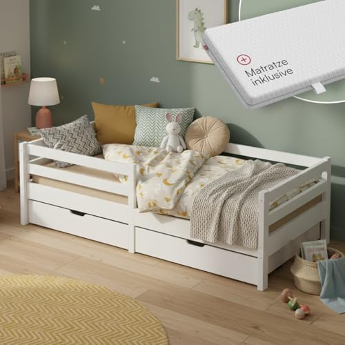 Bellabino Iskri Bodenbett 90x200 cm, Weiß, mit Matratze, 2 Schubladen, Holz | Montessori Kinderbett mit Rausfallschutz, mit Lattenrost, Kiefer Massivholz, für Jungen & Mädchen, Kleinkindbett, Stauraum