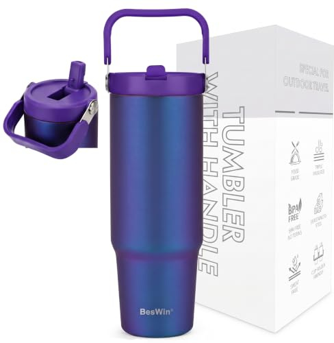 BesWin 30oz Tumbler with Handle and Straw, Double-Walled Leak-Proof Drinking Water Bottle for Cold or Hot Drinks, Gifts for Women & Men, Aurora