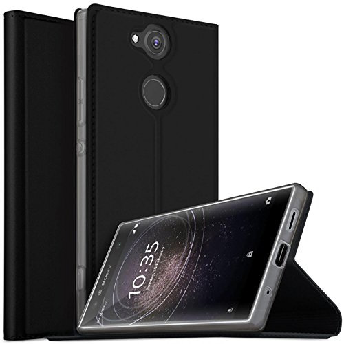 Conie EF39967 Electroplated Flip Case Kompatibel mit Sony Xperia XA2, PU Leder Hülle Flip Wallet Cover Kartenfächer Standfunktion Magnetisch für Xperia XA2 Etui Deep Black