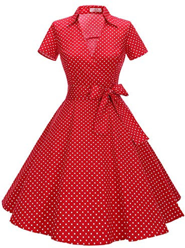 Timormode Robe Années 50's Audrey Hepburn Rockabilly Swing,Plissé Robe à Manches Courtes 10084Small Red White M