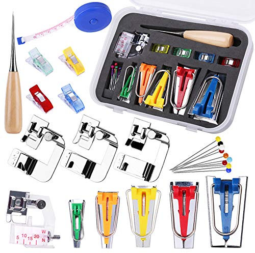 Schrägband-Werkzeug-Set mit Anleitung (evtl. nicht in deutscher Sprache), 5 Größen (6 mm, 9 12 18 25 mm) 4 Nähmaschinen-Nähfuß, Näh-Clips, Kugelspitzen-Nadeln, Ahle, zum Nähen und Quilten