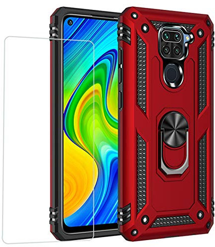 Joytag compatibles para Funda Xiaomi Redmi Note 9，Carcasa +Cristal Templado Silicona TPU 360 Grados Anillo Giratorio magnético Soporte Caja del teléfono del Coche-Rojo