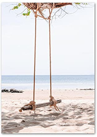 Wandkunst Leinwand Malerei Meereswellen Strand Palme Schaukel Seelandschaft Nordic Poster Drucke Wandbilder Wohnzimmer Dekor 60x70cm (24x28in) Rahmenlos