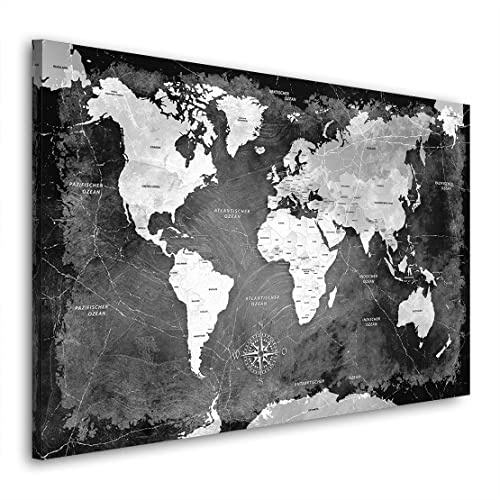 Kunstgestalten24 Leinwandbild Weltkarte Black Stone Wandbild Kunstdruck Büro Deko