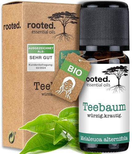 rooted.® BIO Teebaumöl 10ml [100% NATURREIN] – Gesicht- und Hautpflege - Tea Tree Oil – Ätherisches Öl Gegen Pickel, Akne, unreine Haut, Nagel Aromatherapie, Duftlampe
