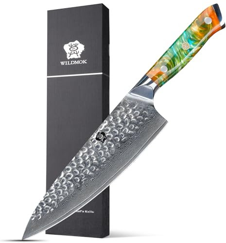 WILDMOK Cuchillo de chef, cuchillos de cocina japoneses de Damasco de 8 pulgadas, cuchillo de chef con mango de acero y resina VG10, martillado, cuchillo de damasco que incluye caja de regalo