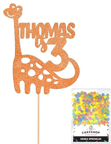 Personalised Birthday Dinosaur Glitter Cake Topper- Copper Orange Any Name & Age Glitter Cake Decoration and Sprinkles - Happy Birthday Decorations - Personalised Toppers for Cakes by Cakeshop