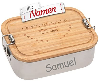 Lässig Brotdose für Kinder mit Namen graviert personalisiert, Vesperbox Lunchbox Brotbox Gravur, Geschenk für Schule Kindergarten Einschulung Geburtstag Weihnachten (Let's be wild)
