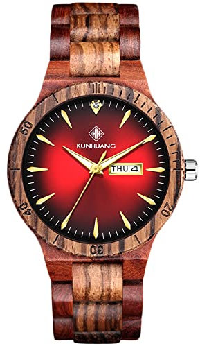 rorios Herren Holzuhr Leuchtuhr Quarz Analog Armbanduhr mit Datum Natürliche Leicht Handgefertigt Holz Uhr für Männer