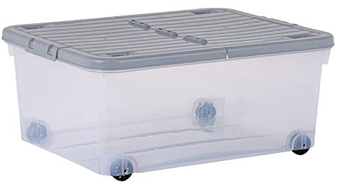 Wham Set of 3 30L Plastic Storage Box with Wheels & Folding Lid Clear/Cool Grey