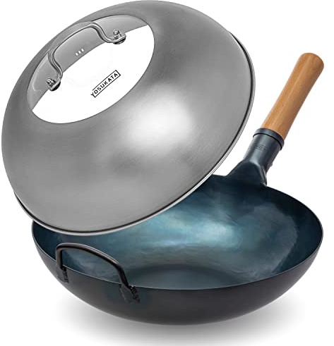YOSUKATA Woks Et Poêles à Frire 34 cm - Wok À Fond Plat + Couvercle de Poêle Wok en Acier 32,5 cm Pour Wok de 34 cm