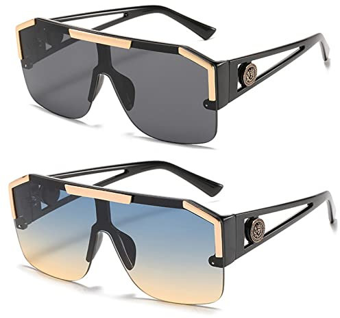 Dollger Vintage Flat Top Sonnenbrille groß Herren Damen Schwarz Quadratisch Halbrandlose Brille Rechteckige Sonnenbrillen mit Flachem Oberteil UV 400