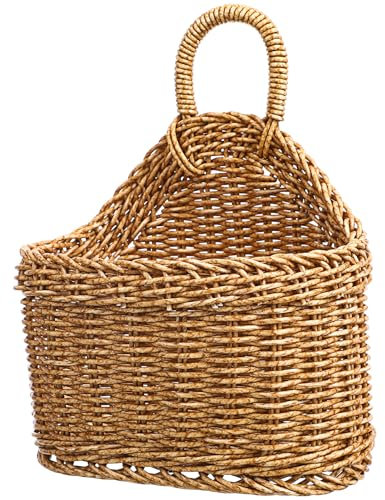 Cabilock HäNgekorb KüChe, Kunststoff Geflochten, Beige, 23.5x19x12cm, Aufbewahrungskorb FüR Knoblauch Und Ingwer, LäNdlicher Stil, Wandmontage