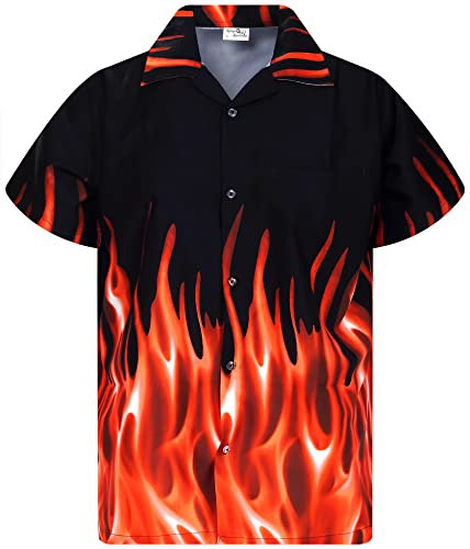 King Kameha Funky Hawaiian Shirt, Men, Shortsleeve, Flames, Orange, M