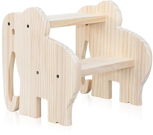 Taburete infantil Montessori- Escalón niños madera 100% natural - banco de madera para el baño - escalón infantil - escalera 2 peldaños -taburete baño - taburete madera - (Mod: Elefante)