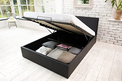 SANA SLEEP 5FT King Size Modern Pia Ottoman Gas Lift Storage Faux Leather Bed - Black