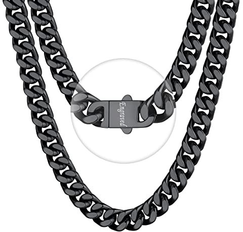 Bestyle Personalisierte Panzerhalskette Schwarz 12mm Unisex Maiami Kubanische Edelstahlkette mit Gravur Ersatzteil Accessoire für Anhänger Länge 50cm
