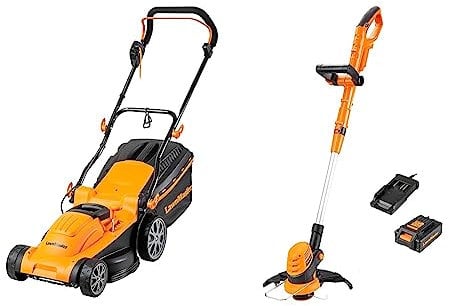 LawnMaster 1600W Electric Lawn Mower with 37cm cutting width, ideal for medium sized lawns & MX 24V 25cm Cordless Grass Trimmer and Edger - Battery Powered Garden Strimmer, MX 24V Lithium Ion 2.0Ah