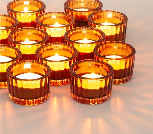 NUPTIO Teelichthalter Teelichtgläser Vintage Glas: 12 Stück 5x3,8 cm Votivkerzenhalter Bernstein Teelichtgläser Bulk Kleine Teelichtglas Braun Gerippt Glas Hochzeit Tischdekoration