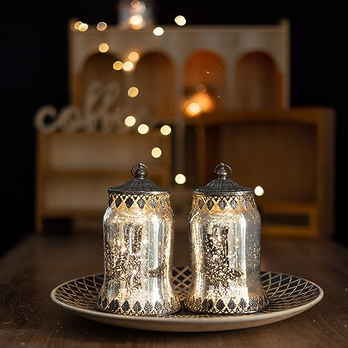 Jinfa 2er-Set Laternen Stimmunglichter mit batteriebetrieber LED-Lichterkette orientalische Zierde Tischdeko Geschenk | Glockenform | Edles Silber | Ø 11 cm × H 19 cm