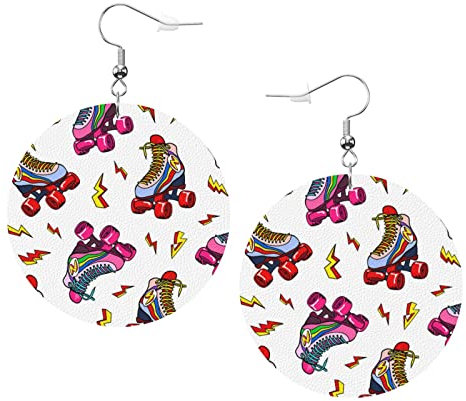 OPSREY Farbe Roller Skates Druck gedruckt Mode Runde Ohrring Leder Stud Ohrring baumeln dekorative Ohrring, Einheitsgröße, Kunstleder