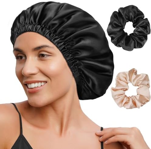 FOLAI 1 Stück Schlafmütze Satin Bonnet Nacht Schlaf Mütze Verstellbare Schlafkappe Kopfbedeckung Weiche Kopfhaube Schlafhaube Seide mit Gummizug für Damen und Mädchen