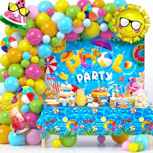 Toyssa Pool Party Decoration Deco Hawaienne avec Guirlande Ballon,Palmier Ballon Aluminium,Toile de Fond,Nappe,Decoration Anniversaire Garcon Deco Fete Tropical Plage Piscine Enfants Adultes
