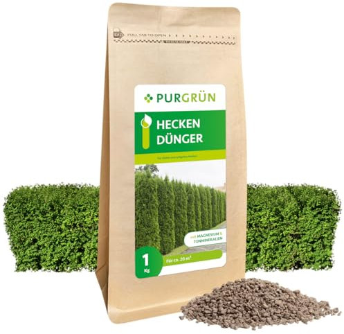 Purgrün® Heckendünger 1 kg – Organisch-mineralische Rezeptur – Feinkörniges Krümelgranulat – NPK 5+4+6 – Extra Magnesium für leuchtend grüne Blätter – Verbessert die Bodenqualität