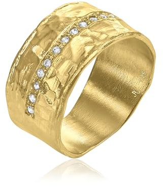 14K vergoldeter Sterling Silber Statement Ring mit 0,13 ct Halb-Ewigkeit Zirkonia, gehämmerte breite Schiene, Goldring, Schmuck Geschenk für Damen, ästhetischer Goldschmuck