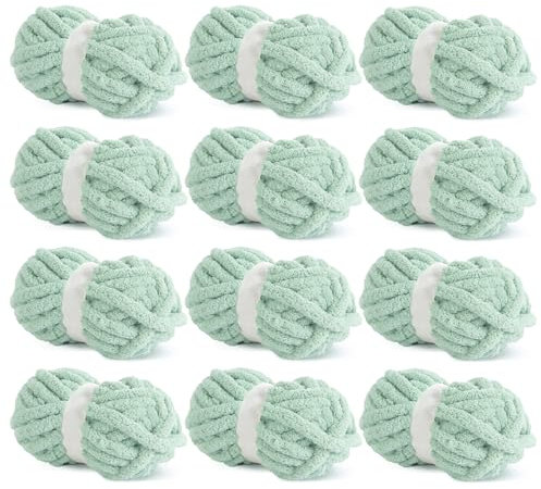Hombys Mintgrünes, grobes Chenille-Garn zum Stricken, Häkeln, sperriges, dickes, flauschiges Garn für Decken, weicher Plüsch, 12 Jumbo-Packung (27 m, 227 g pro Knäuel)