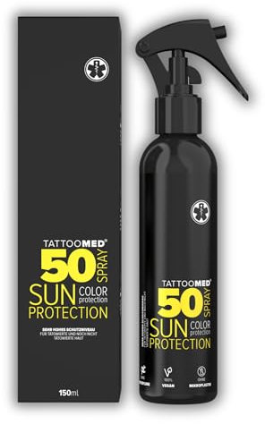 Tattoomed Sun Protection SPF 50 Spray – Protection solaire puissante spécialement conçu pour les peaux tatouées – Flacon vaporisateur (150 ml)