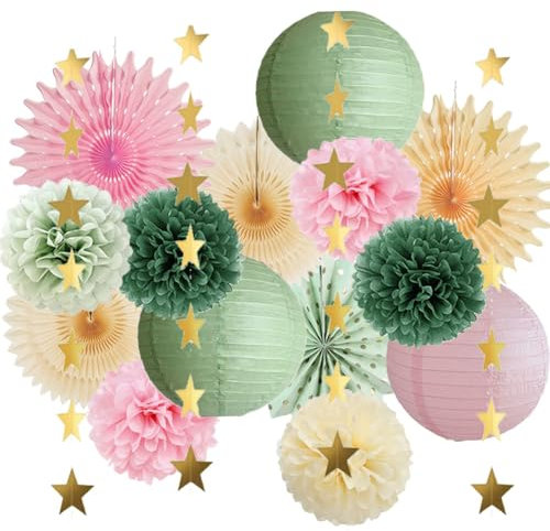 Décorations de fête vert sauge et rose pour fête prénatale, fête prénatale, anniversaire, lanternes en papier beige sauge, pompons pour fête prénuptiale, mariage, fiançailles, chambre d'enfant